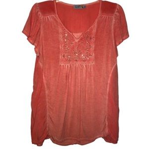 Unity Orang/Peach Burnout Embellished Bling Ruched Short Sleeve Size Small